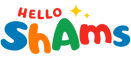 Colorful 'Hello Shams' logo on a white background