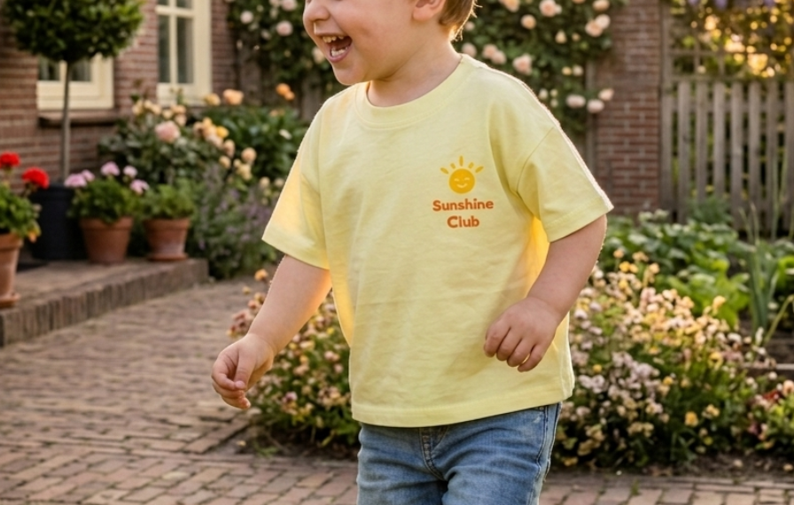 Child in a yellow shirt standing in a garden with houses in the background