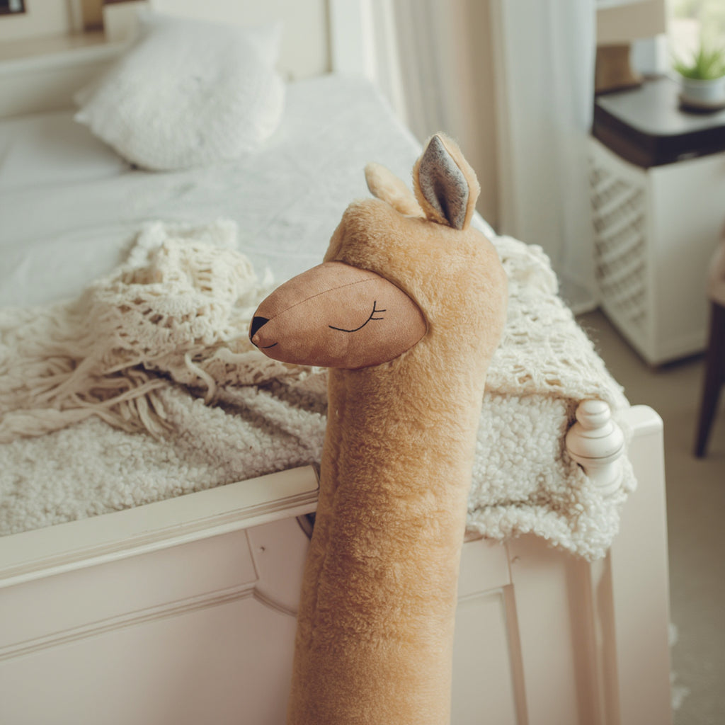 Plush deer toy on a soft surface with a blurred background