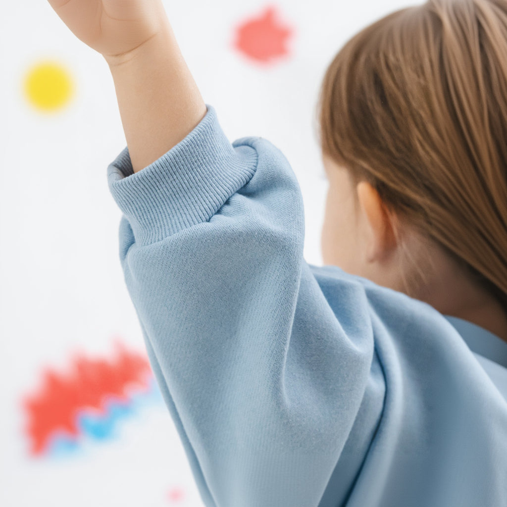 Hello Shams Original Set Sky Blue — back detail of soft cotton kids sweatshirt with colorful embroidery