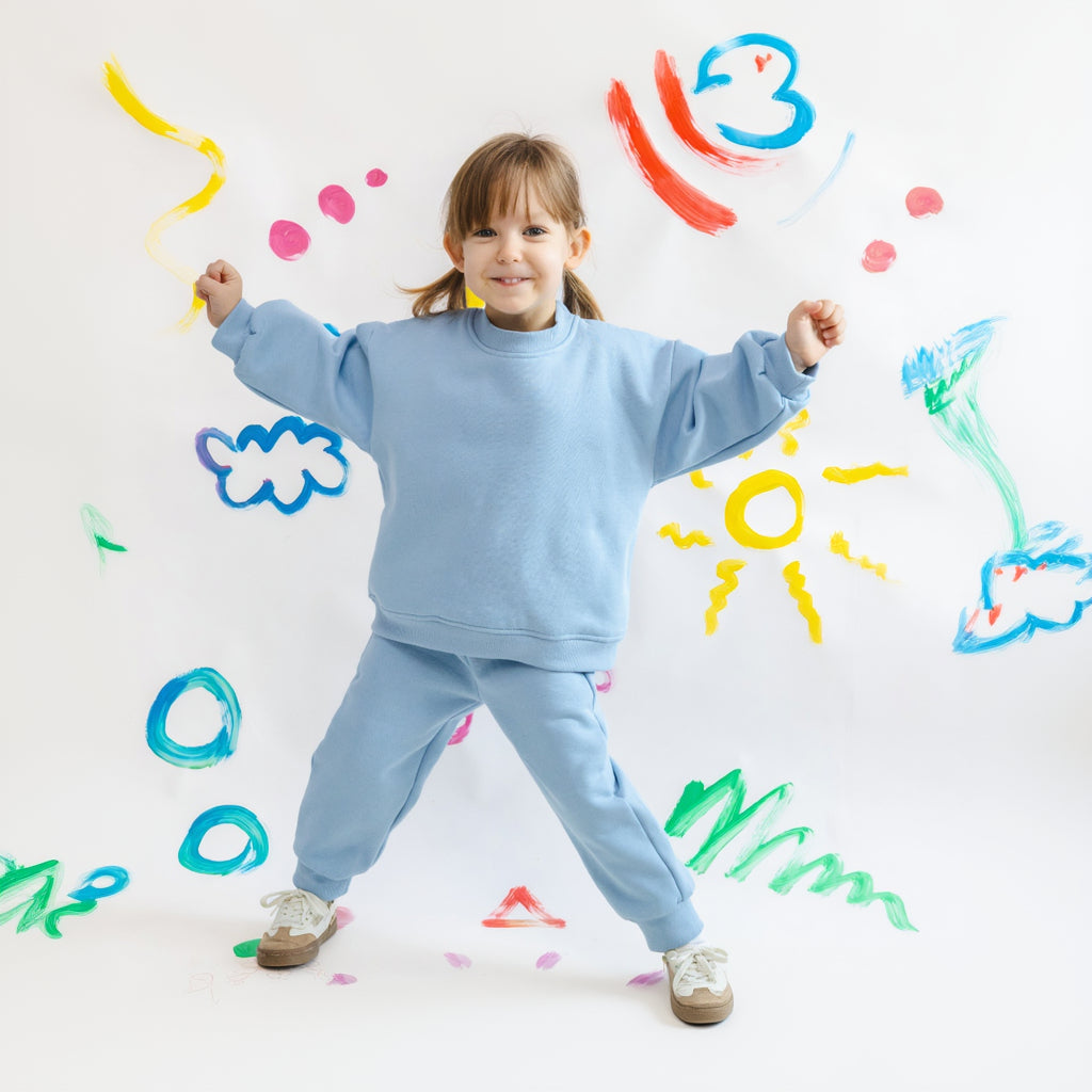 Child in a blue outfit standing smiling in front of a colorful wall with various shapes and designs.